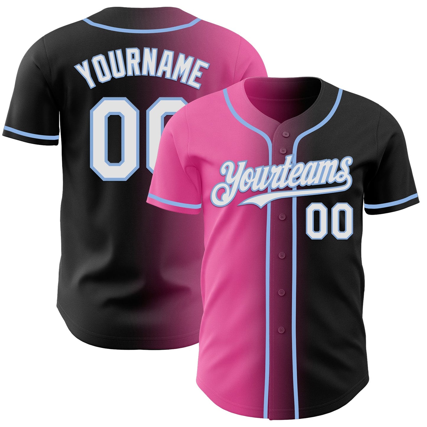 Custom Black White Pink-Light Blue Authentic Gradient Fashion Baseball Jersey - Main View
