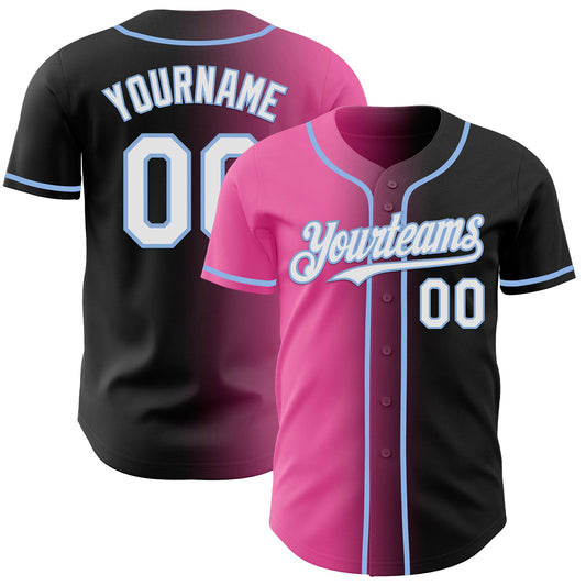 Custom Black White Pink-Light Blue Authentic Gradient Fashion Baseball Jersey - Main View