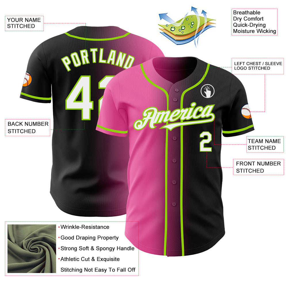 Custom Black White Pink-Neon Green Authentic Gradient Fashion Baseball Jersey view 3