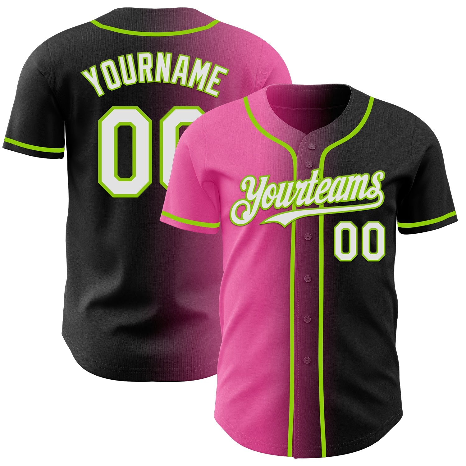 Custom Black White Pink-Neon Green Authentic Gradient Fashion Baseball Jersey - Main View