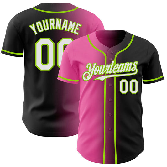 Custom Black White Pink-Neon Green Authentic Gradient Fashion Baseball Jersey - Main View