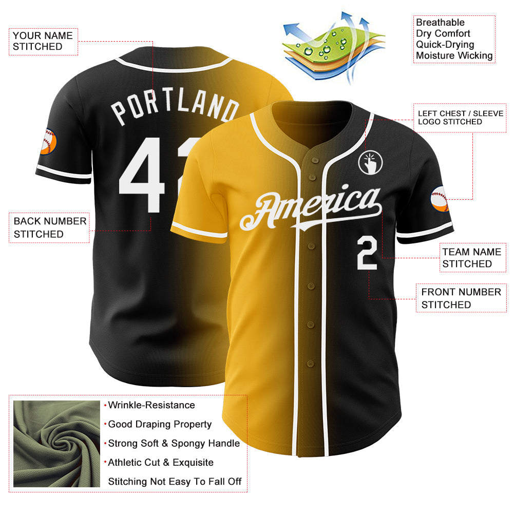 Custom Black White-Gold Authentic Gradient Fashion Baseball Jersey view 3