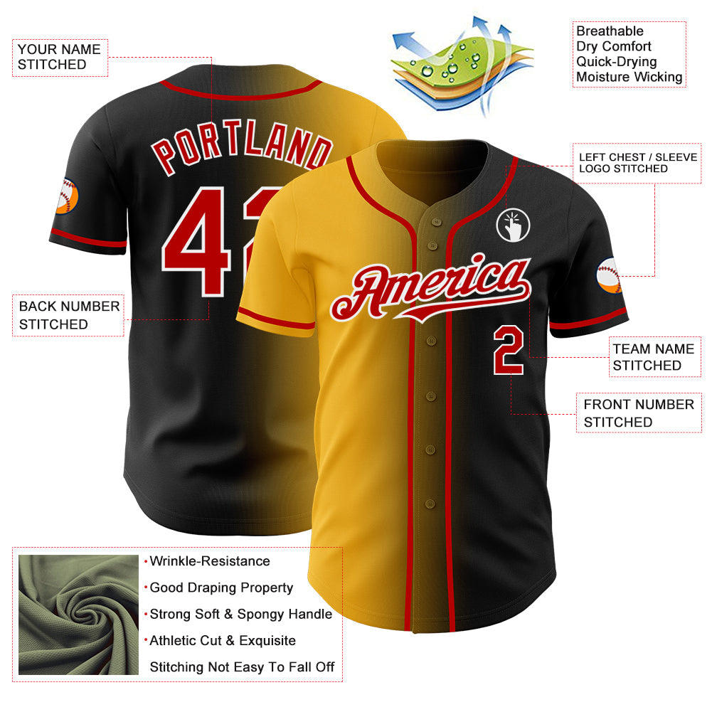 Custom Black Red Gold-White Authentic Gradient Fashion Baseball Jersey view 3