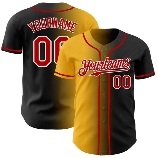 Custom Black Red Gold-White Authentic Gradient Fashion Baseball Jersey - Main View