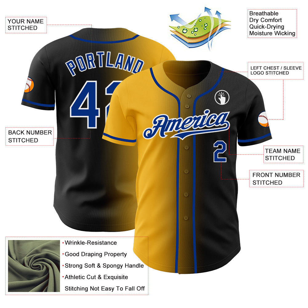 Custom Black Royal Gold-White Authentic Gradient Fashion Baseball Jersey view 3