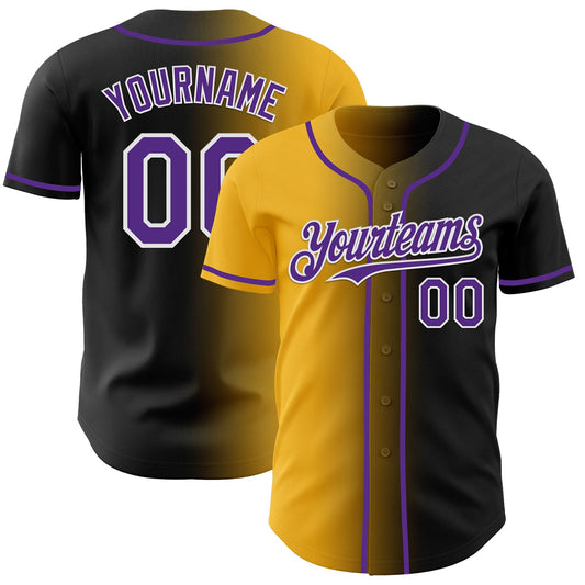 Custom Black Purple Gold-White Authentic Gradient Fashion Baseball Jersey - Main View