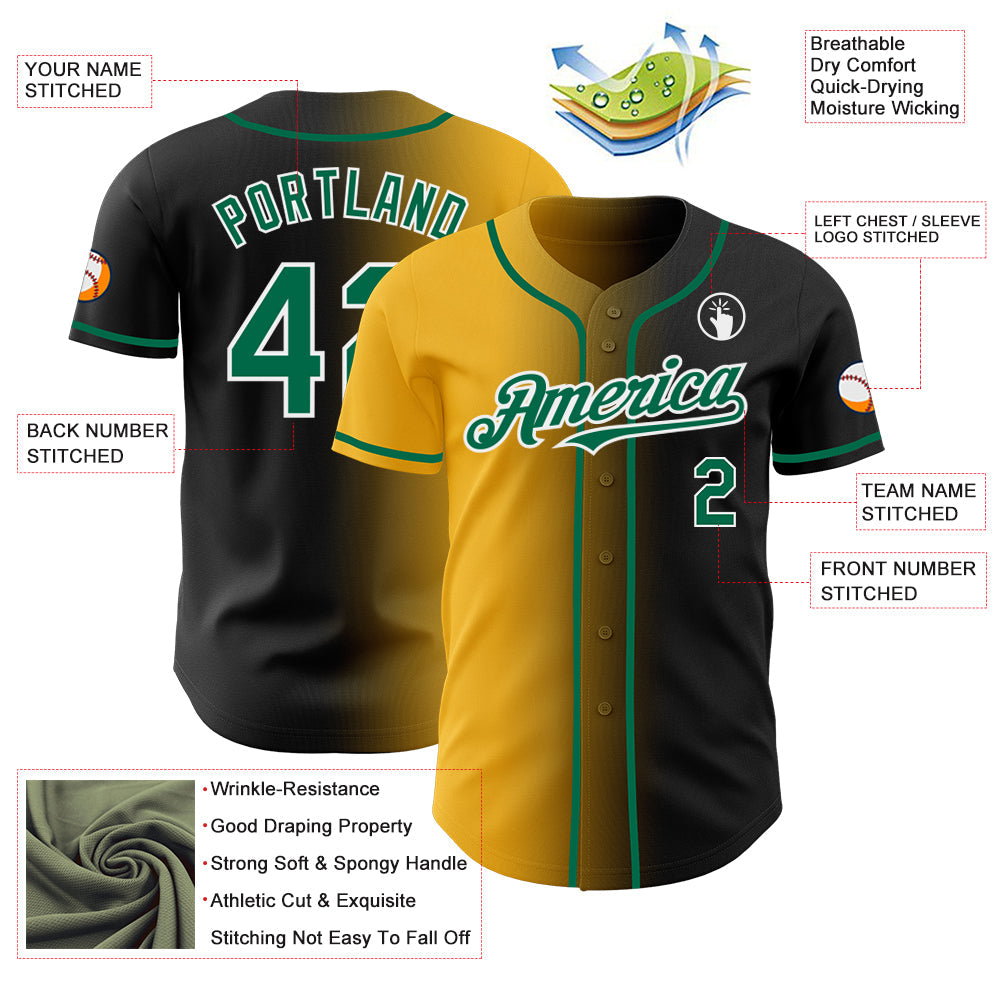 Custom Black Kelly Green Gold-White Authentic Gradient Fashion Baseball Jersey view 3