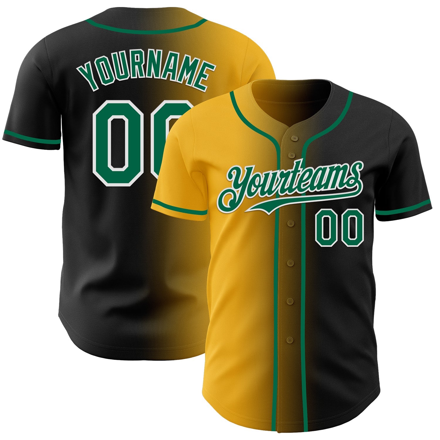 Custom Black Kelly Green Gold-White Authentic Gradient Fashion Baseball Jersey - Main View