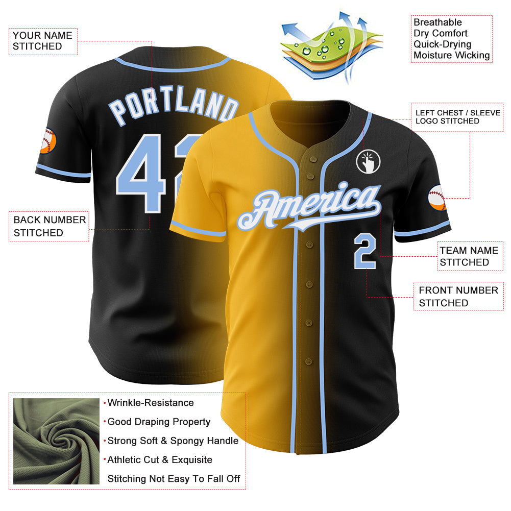 Custom Black Light Blue Gold-White Authentic Gradient Fashion Baseball Jersey view 3