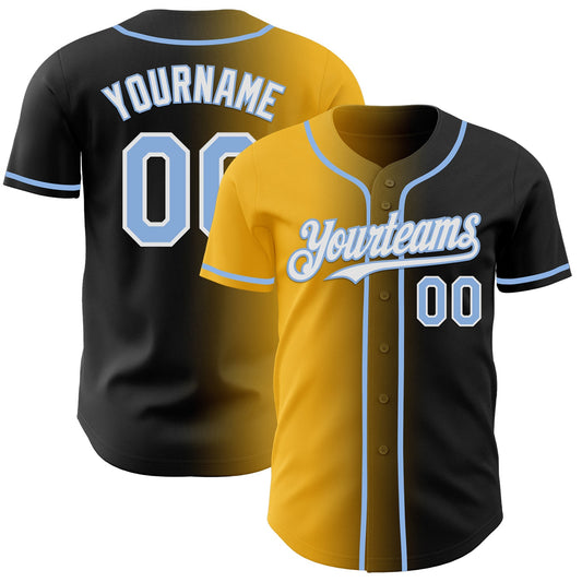 Custom Black Light Blue Gold-White Authentic Gradient Fashion Baseball Jersey - Main View