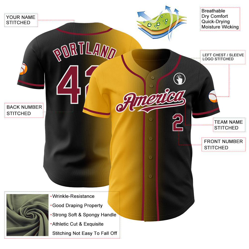 Custom Black Crimson Gold-White Authentic Gradient Fashion Baseball Jersey view 3