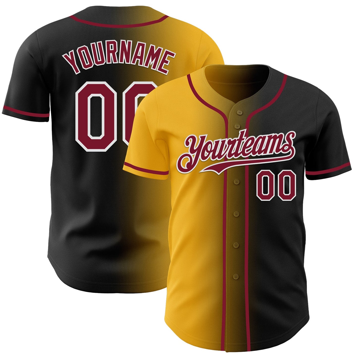 Custom Black Crimson Gold-White Authentic Gradient Fashion Baseball Jersey - Main View