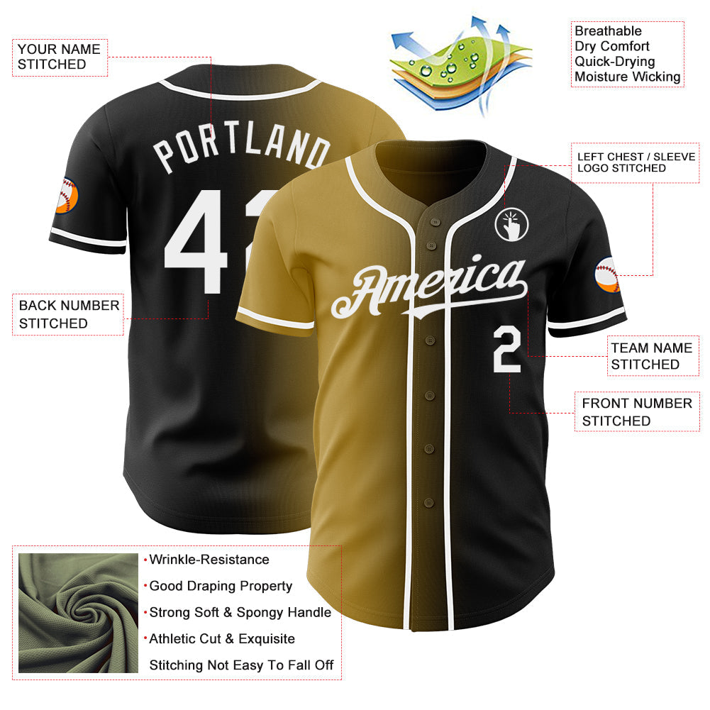 Custom Black White-Old Gold Authentic Gradient Fashion Baseball Jersey view 3