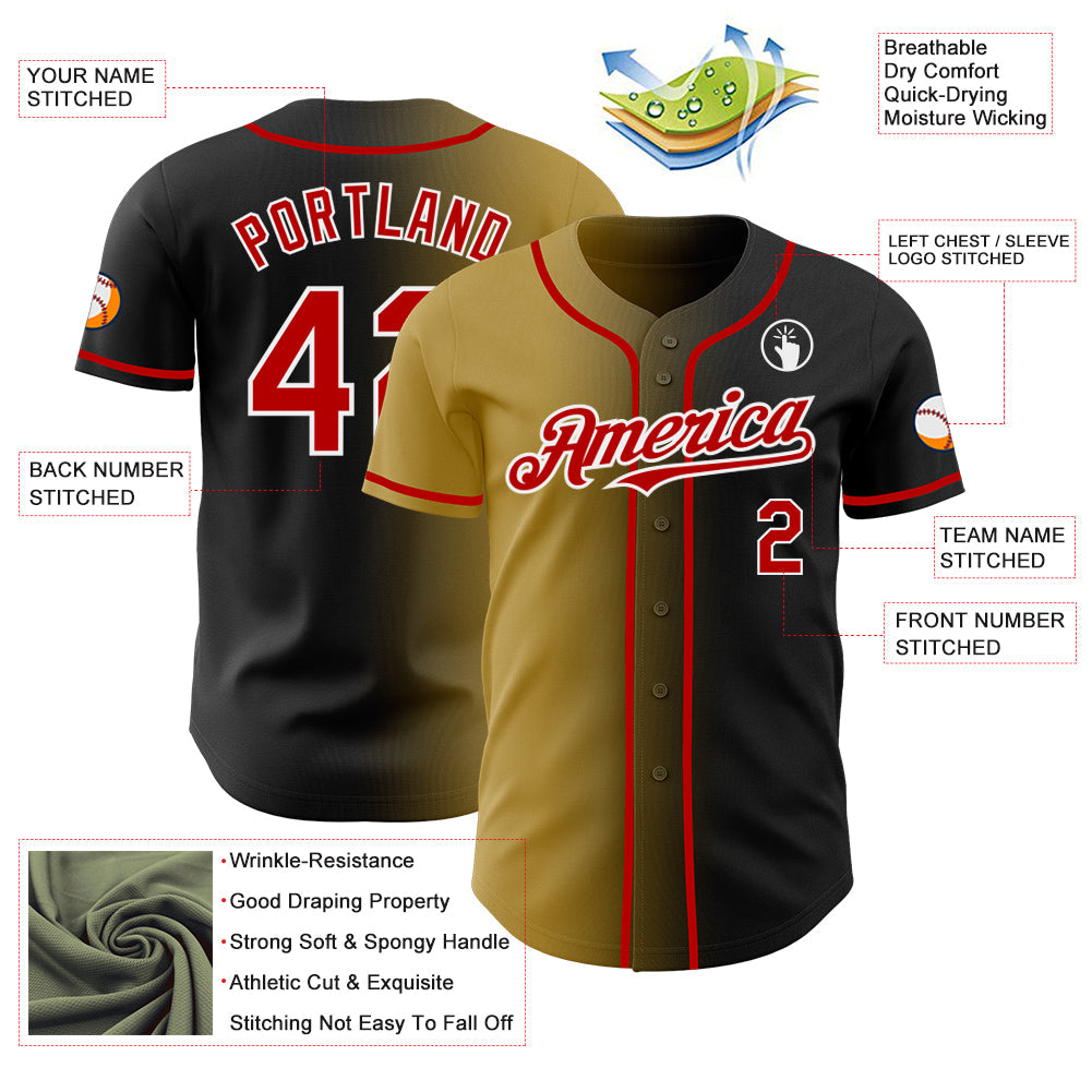 Custom Black Red Old Gold-White Authentic Gradient Fashion Baseball Jersey view 3