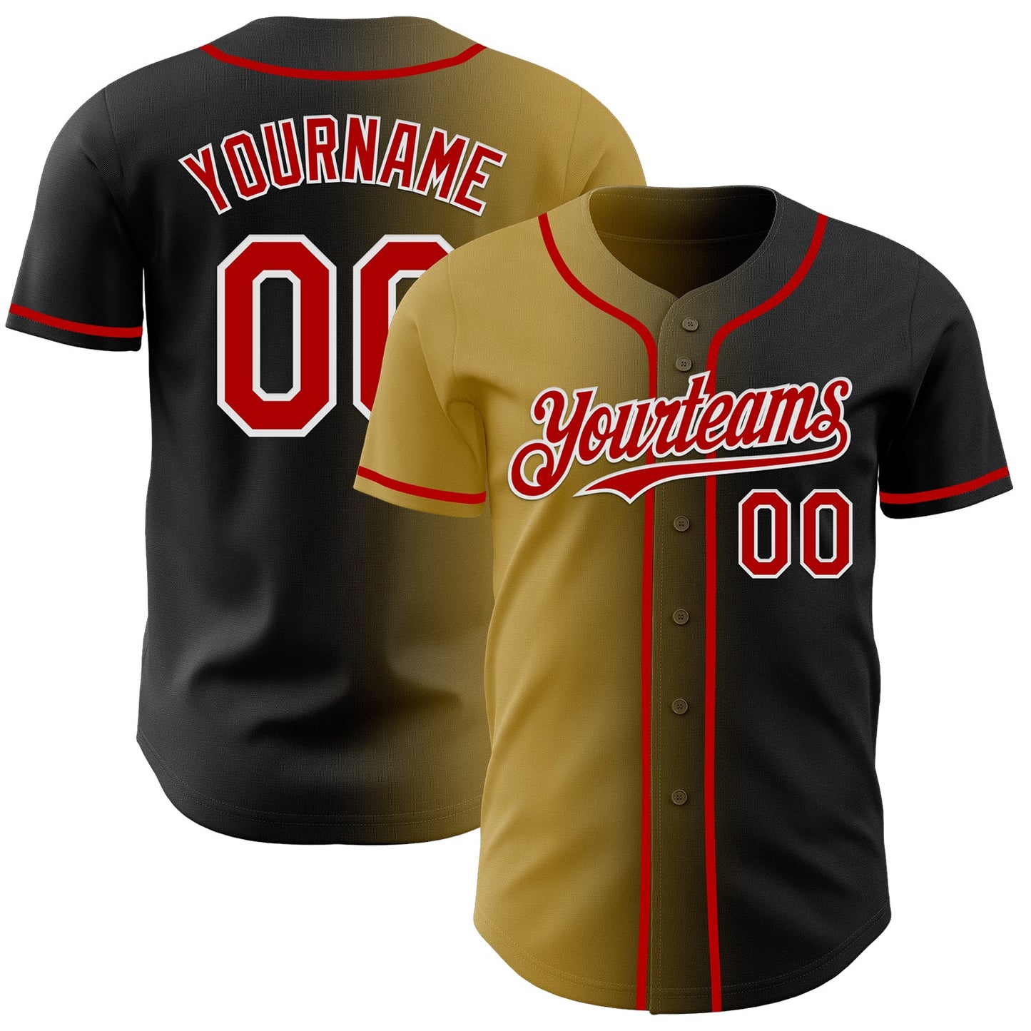 Custom Black Red Old Gold-White Authentic Gradient Fashion Baseball Jersey - Main View
