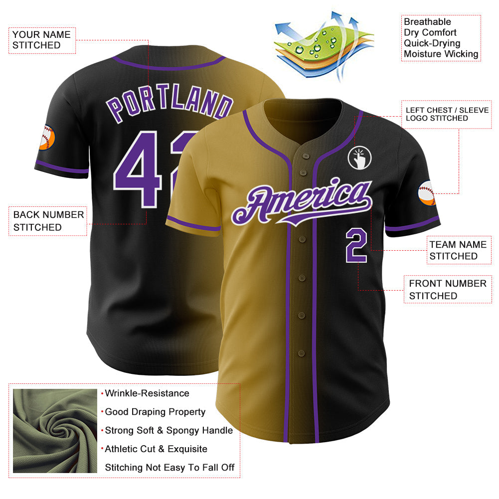 Custom Black Purple Old Gold-White Authentic Gradient Fashion Baseball Jersey view 3