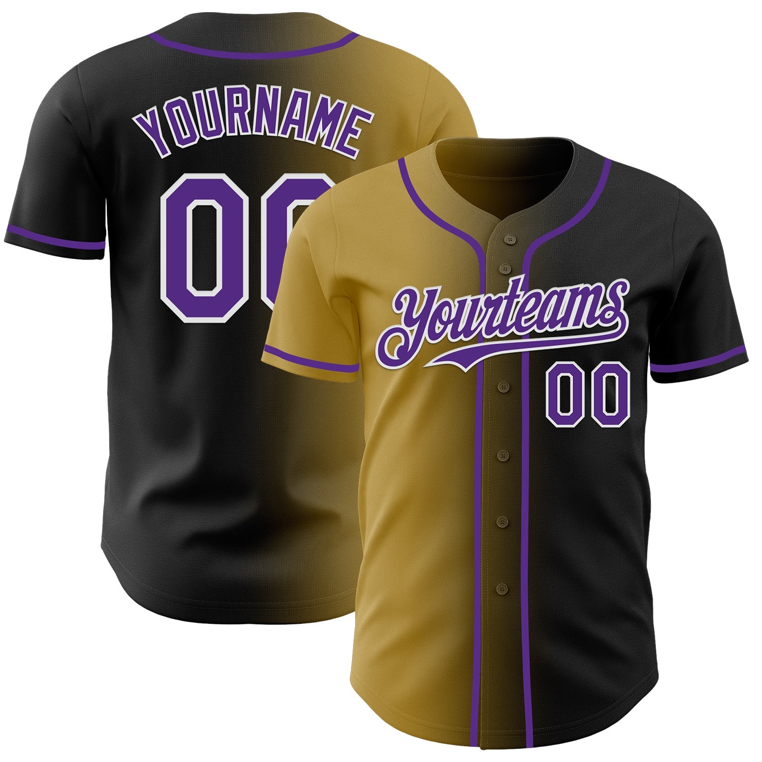 Custom Black Purple Old Gold-White Authentic Gradient Fashion Baseball Jersey - Main View