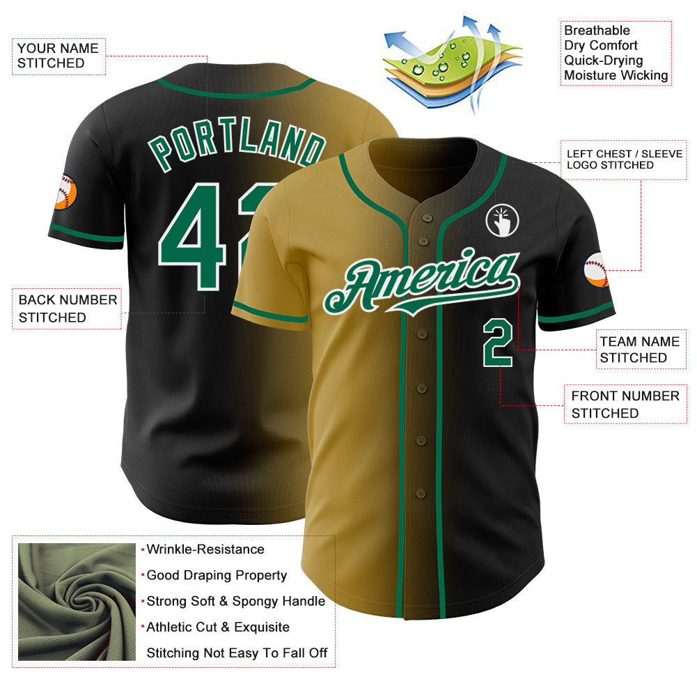 Custom Black Kelly Green Old Gold-White Authentic Gradient Fashion Baseball Jersey view 3