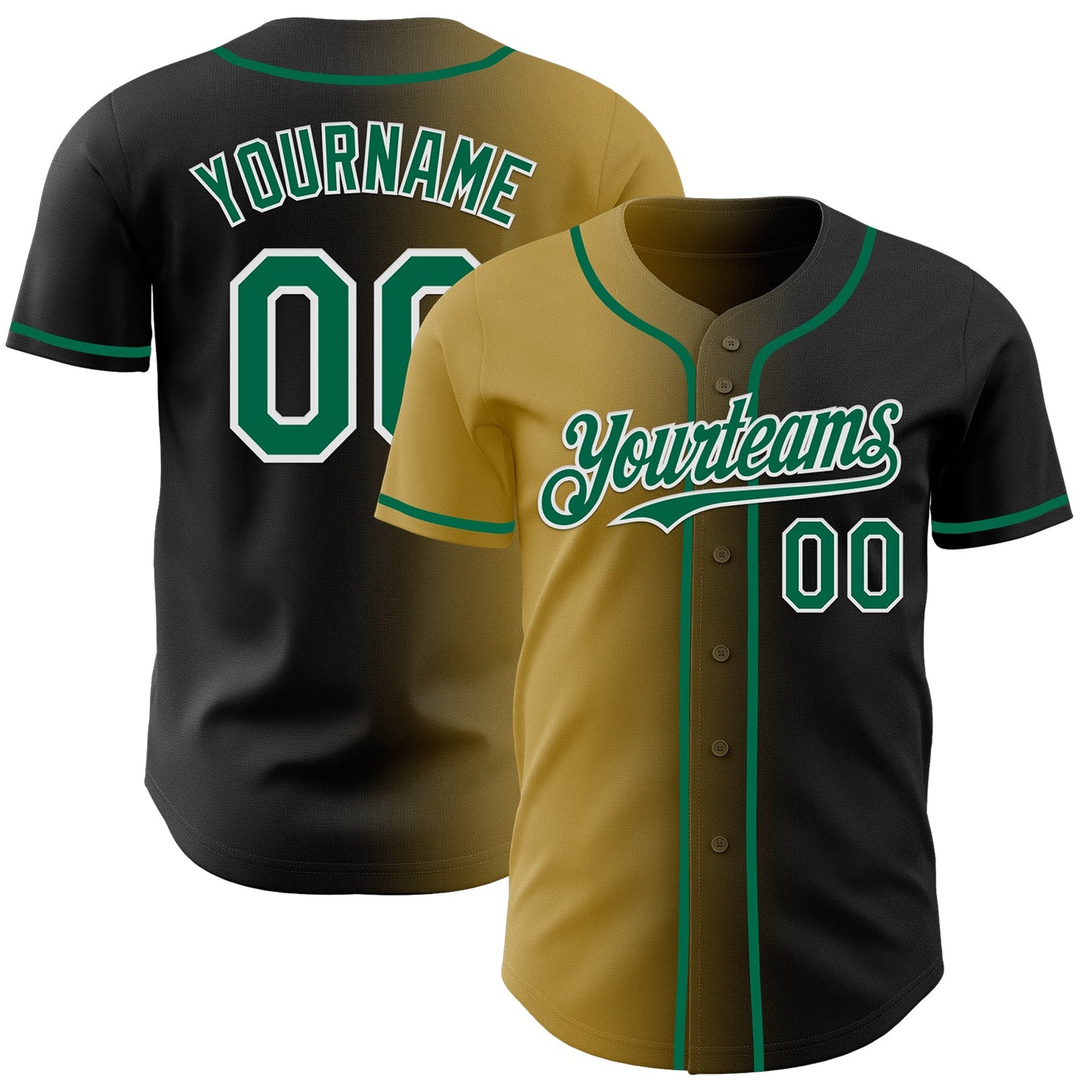 Custom Black Kelly Green Old Gold-White Authentic Gradient Fashion Baseball Jersey - Main View