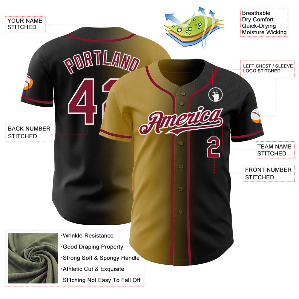 Custom Black Crimson Old Gold-White Authentic Gradient Fashion Baseball Jersey view 3