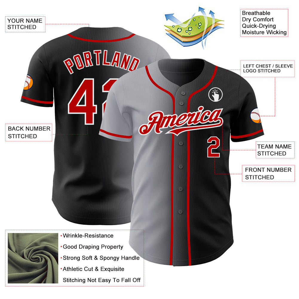 Custom Black Red Gray-White Authentic Gradient Fashion Baseball Jersey view 3