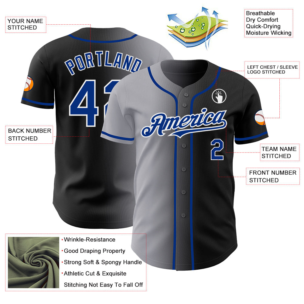 Custom Black Royal Gray-White Authentic Gradient Fashion Baseball Jersey view 3