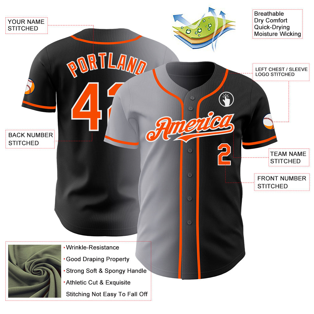 Custom Black Orange Gray-White Authentic Gradient Fashion Baseball Jersey view 3
