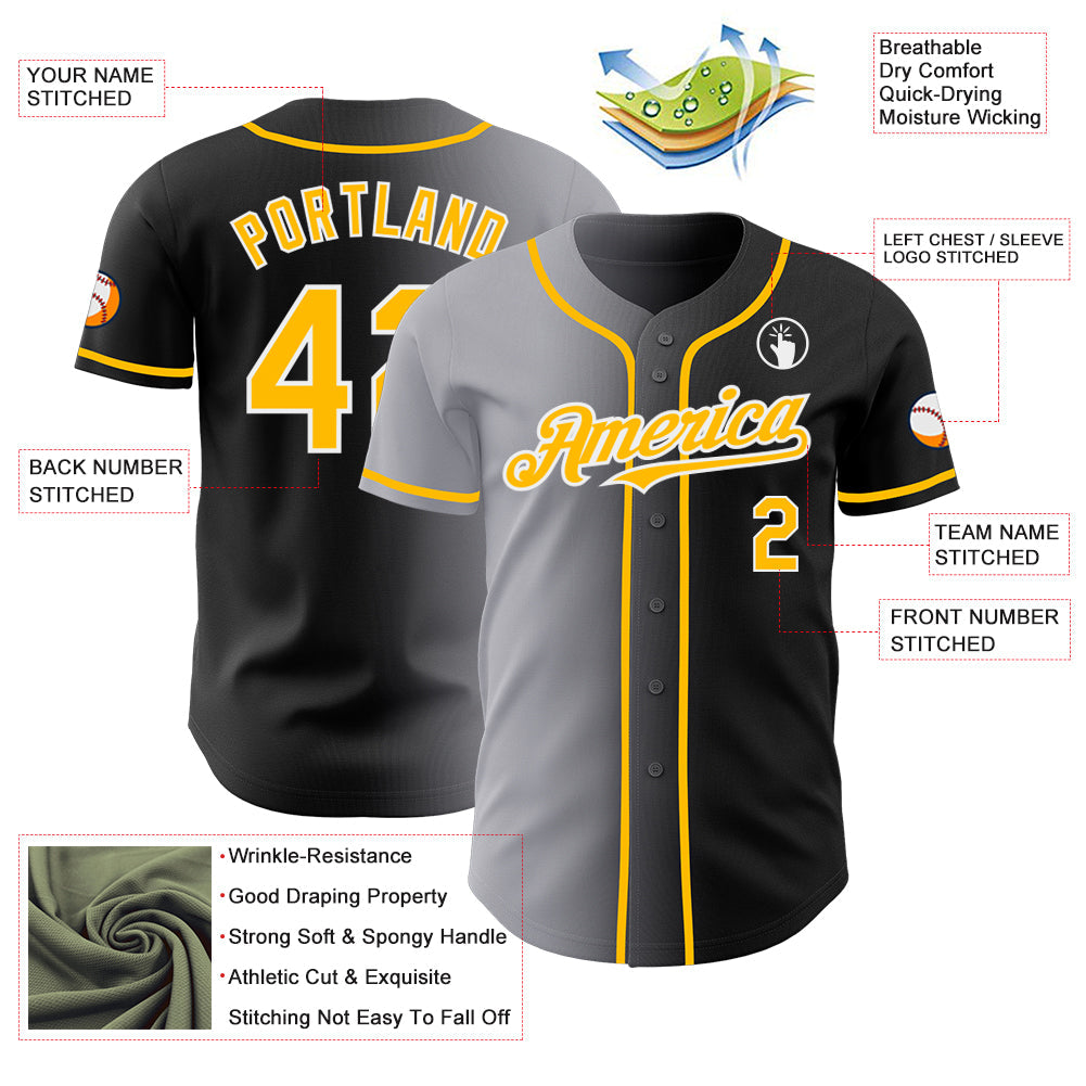 Custom Black Gold Gray-White Authentic Gradient Fashion Baseball Jersey view 3