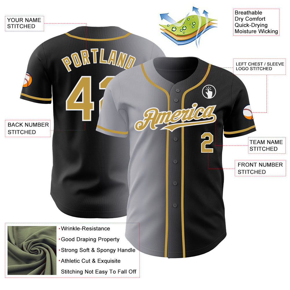 Custom Black Old Gold Gray-White Authentic Gradient Fashion Baseball Jersey view 3