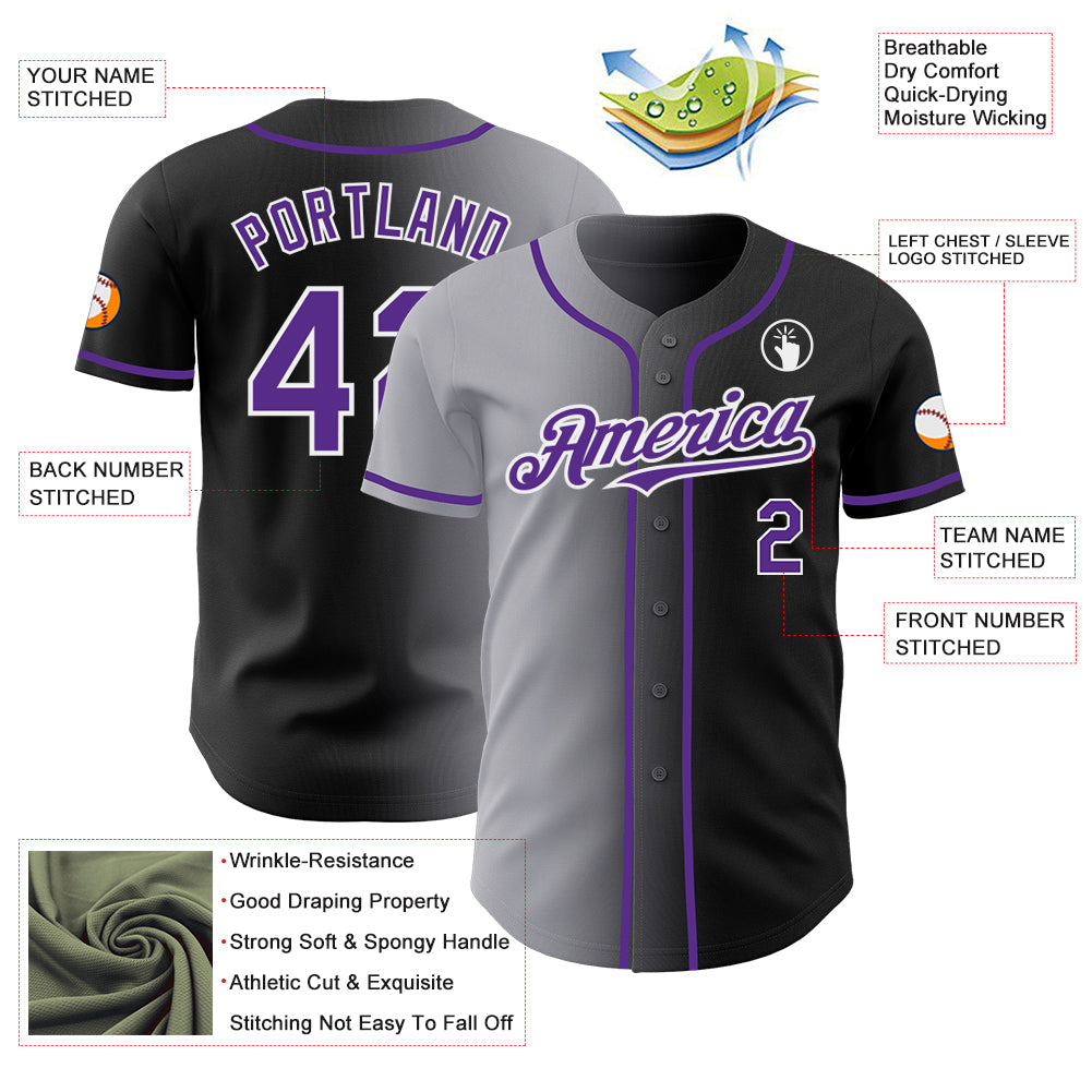 Custom Black Purple Gray-White Authentic Gradient Fashion Baseball Jersey view 3
