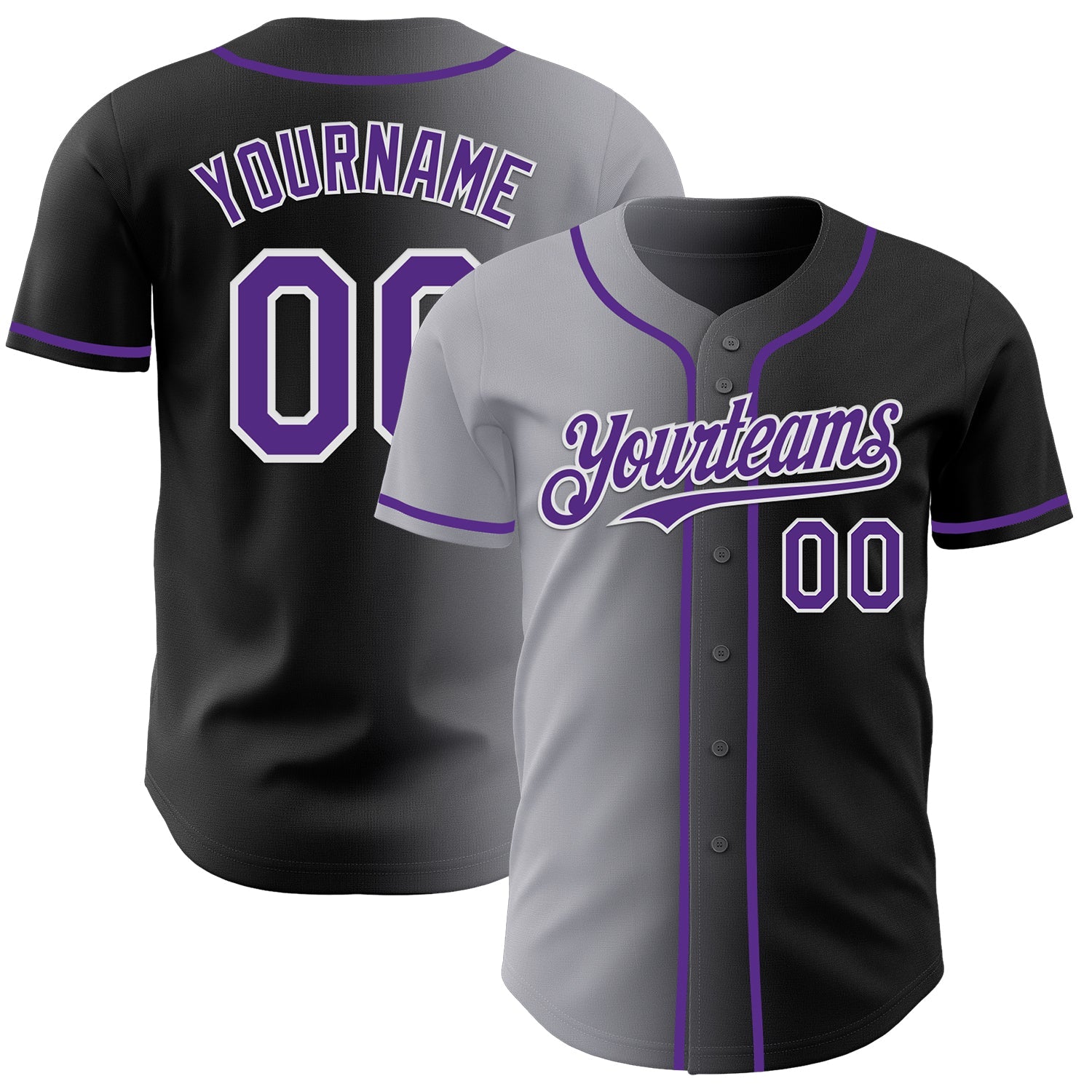 Custom Black Purple Gray-White Authentic Gradient Fashion Baseball Jersey - Main View