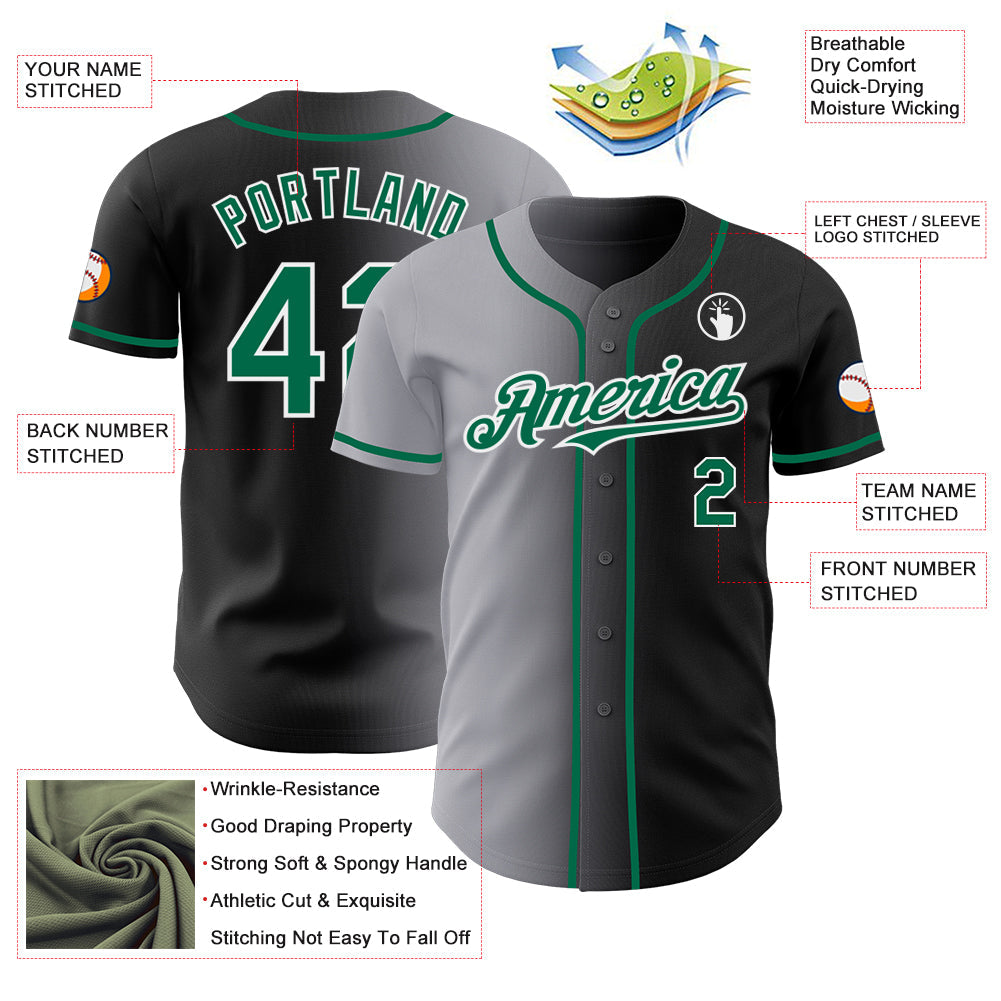 Custom Black Kelly Green Gray-White Authentic Gradient Fashion Baseball Jersey view 3