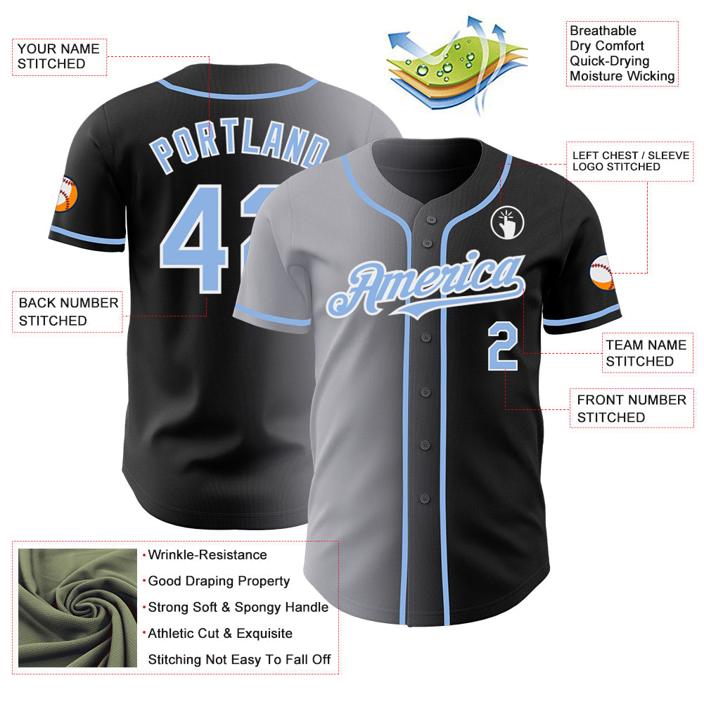 Custom Black Light Blue Gray-White Authentic Gradient Fashion Baseball Jersey view 3