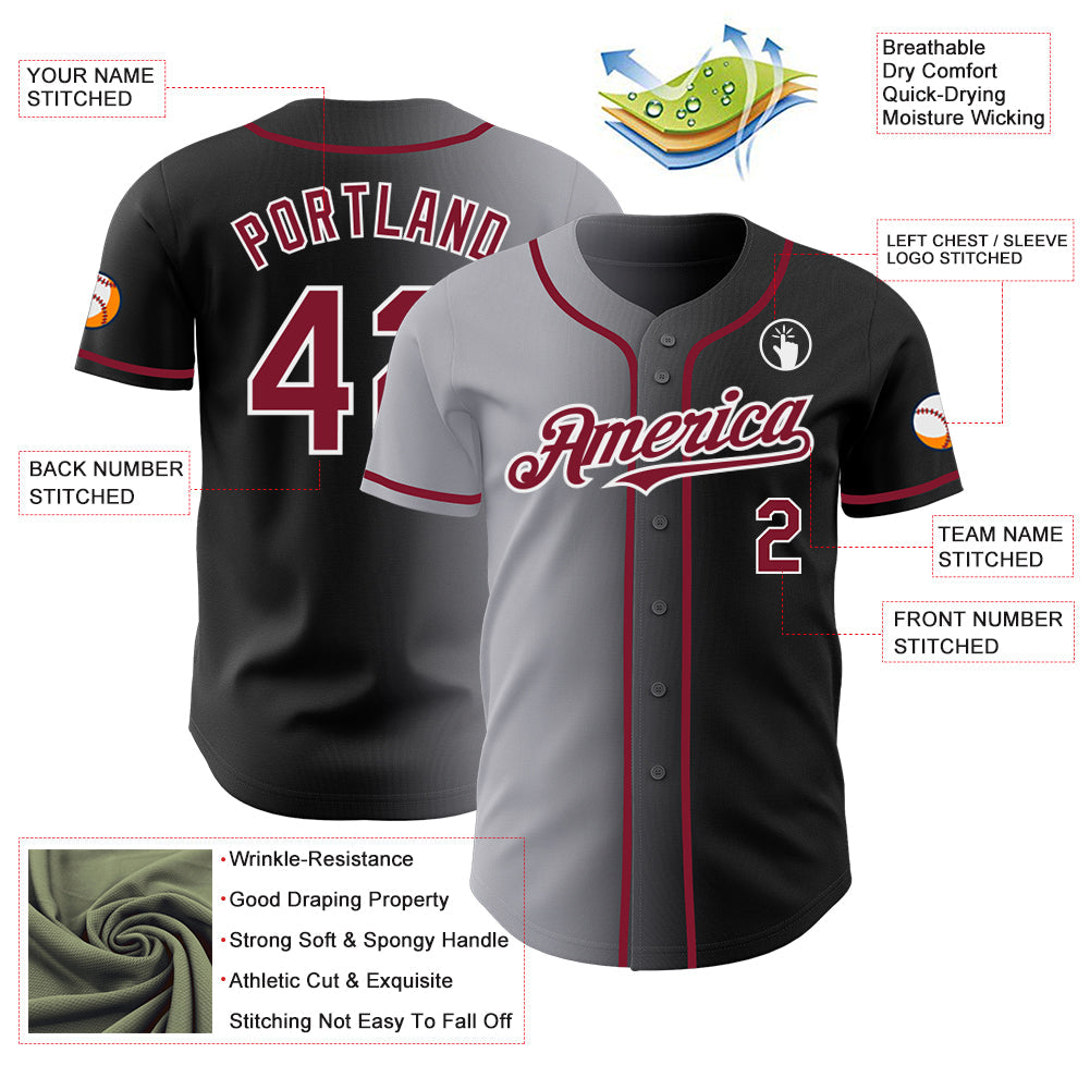 Custom Black Crimson Gray-White Authentic Gradient Fashion Baseball Jersey view 3