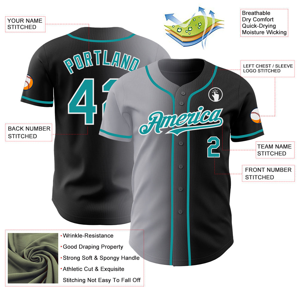 Custom Black Teal Gray-White Authentic Gradient Fashion Baseball Jersey view 3