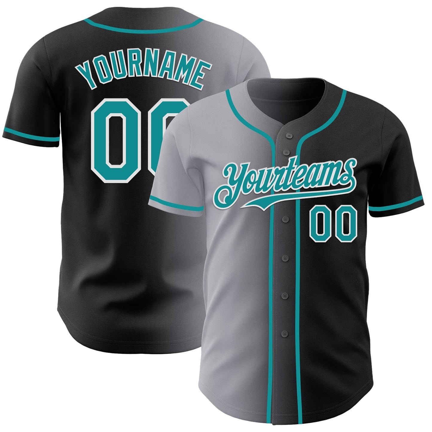 Custom Black Teal Gray-White Authentic Gradient Fashion Baseball Jersey - Main View