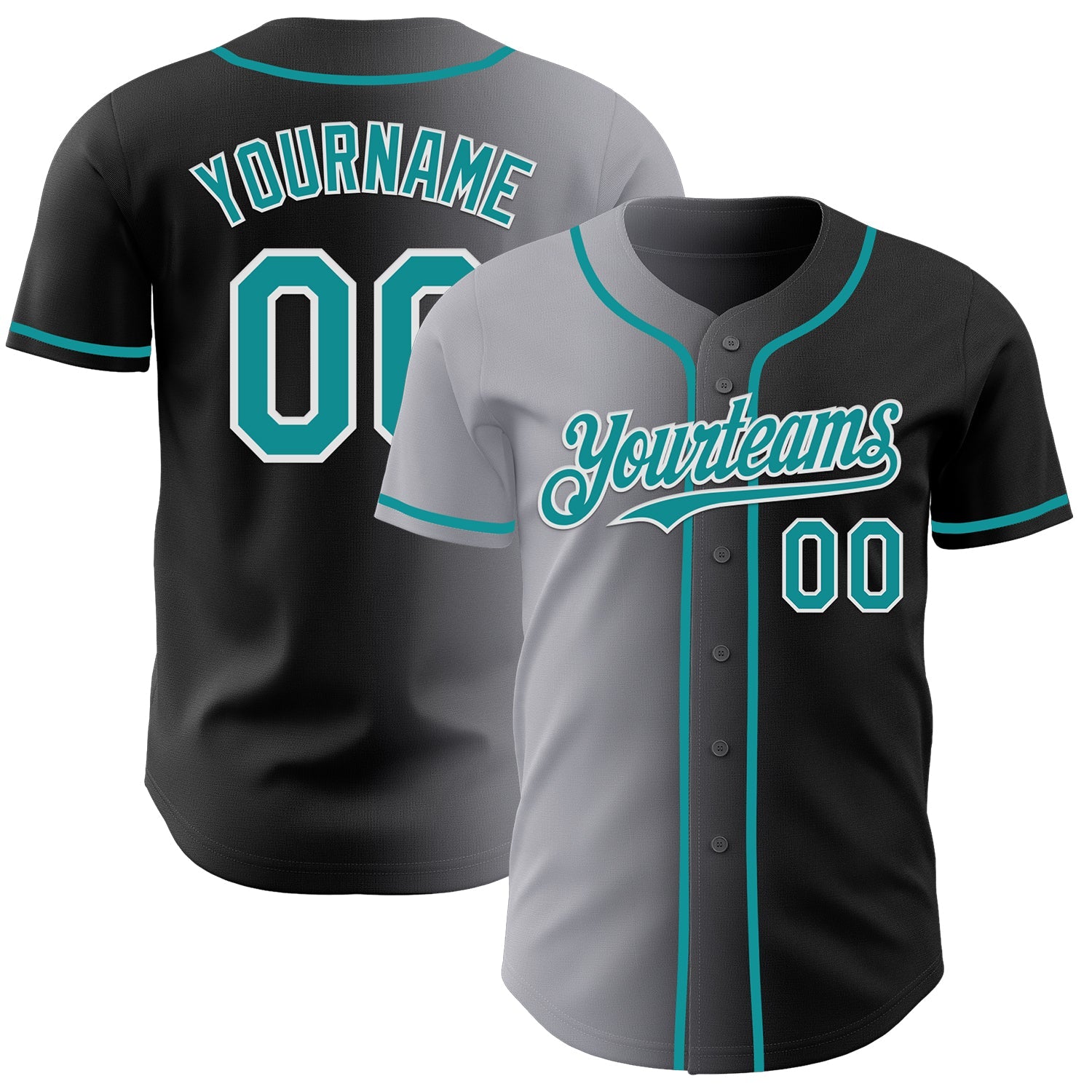 Custom Black Teal Gray-White Authentic Gradient Fashion Baseball Jersey - Main View