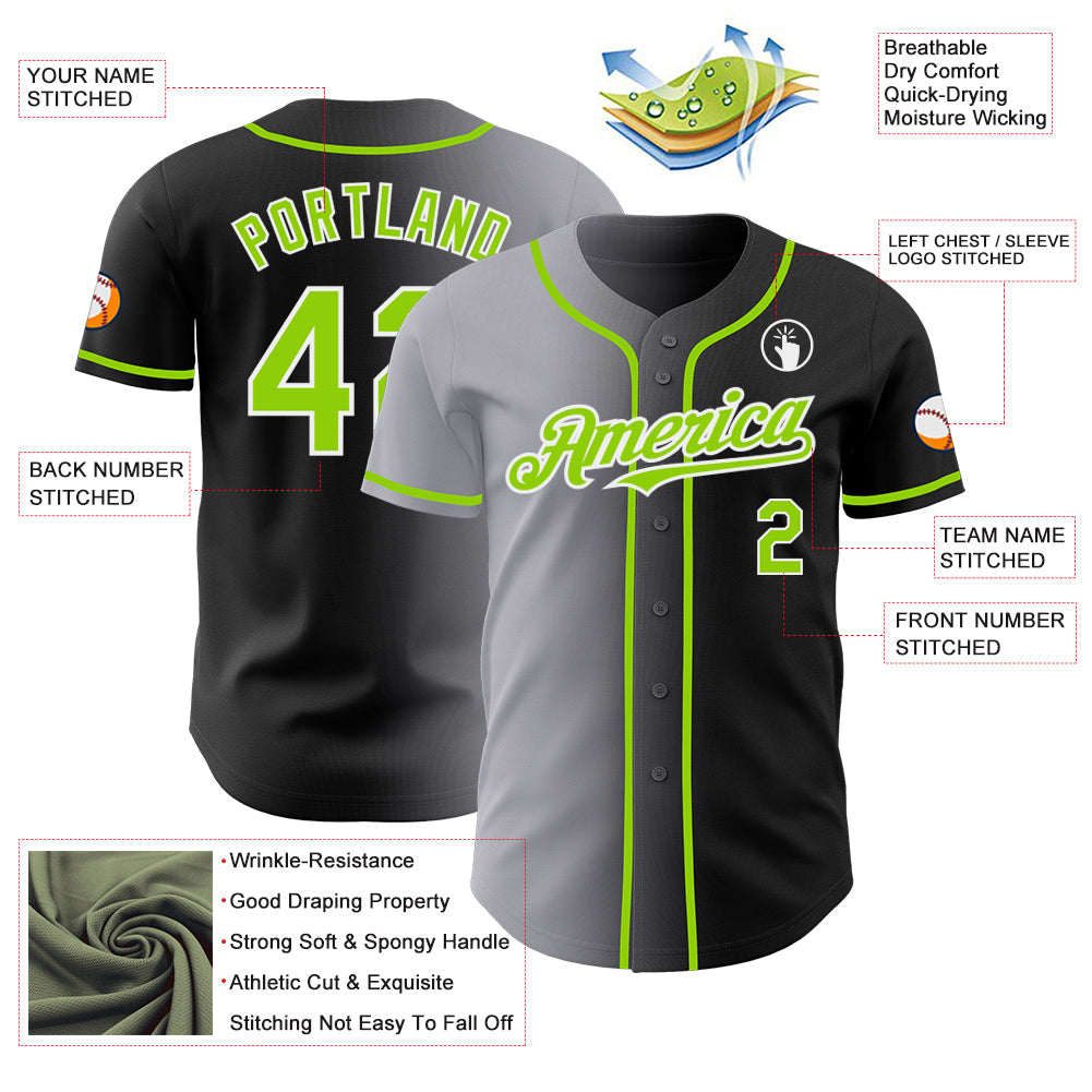 Custom Black Neon Green Gray-White Authentic Gradient Fashion Baseball Jersey view 3