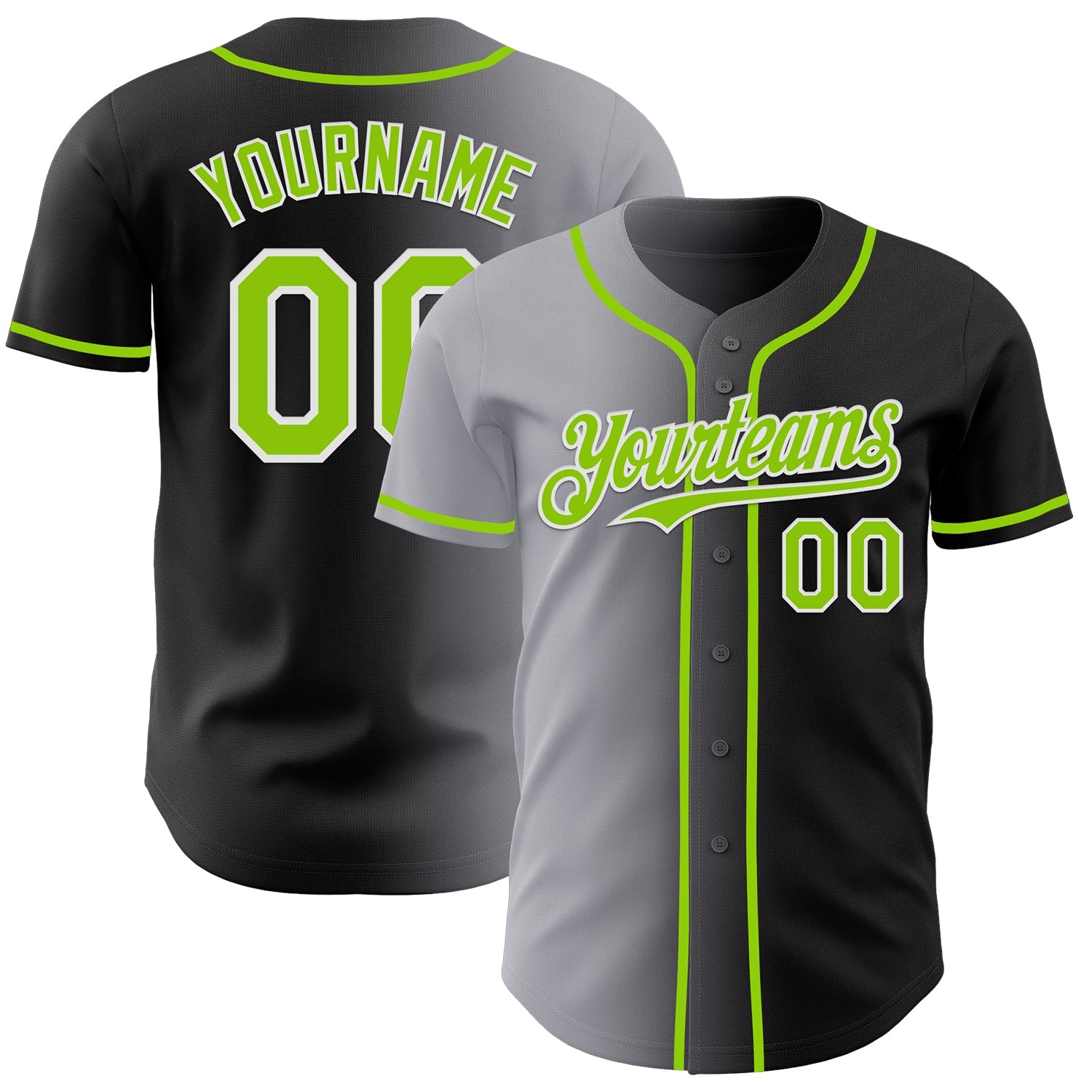 Custom Black Neon Green Gray-White Authentic Gradient Fashion Baseball Jersey - Main View