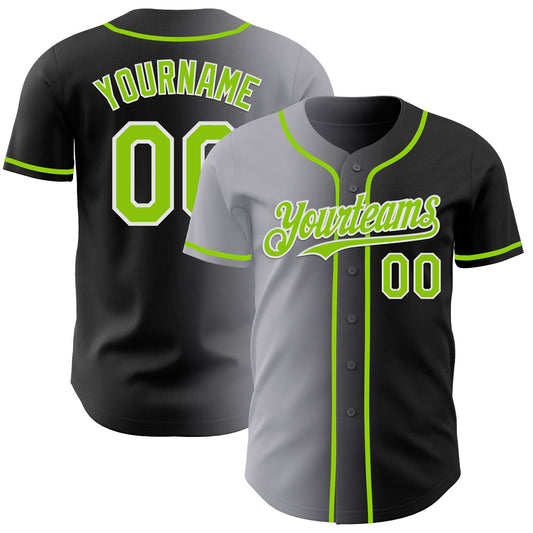 Custom Black Neon Green Gray-White Authentic Gradient Fashion Baseball Jersey - Main View