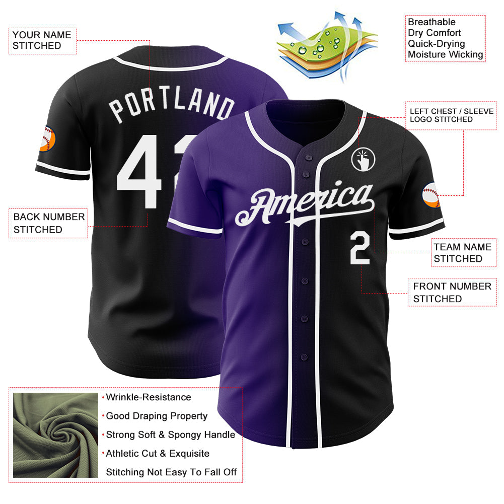 Custom Black White-Purple Authentic Gradient Fashion Baseball Jersey view 3