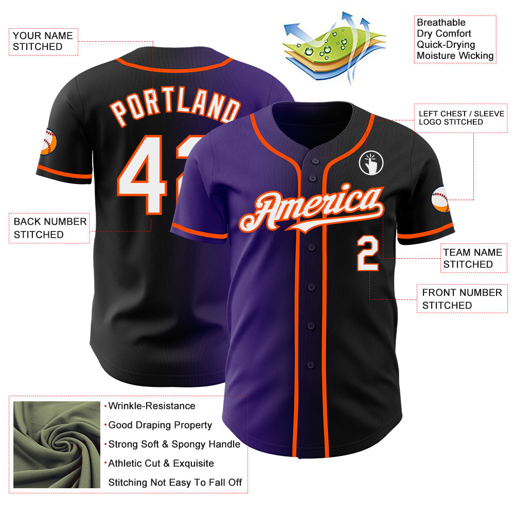 Custom Black White Purple-Orange Authentic Gradient Fashion Baseball Jersey view 3
