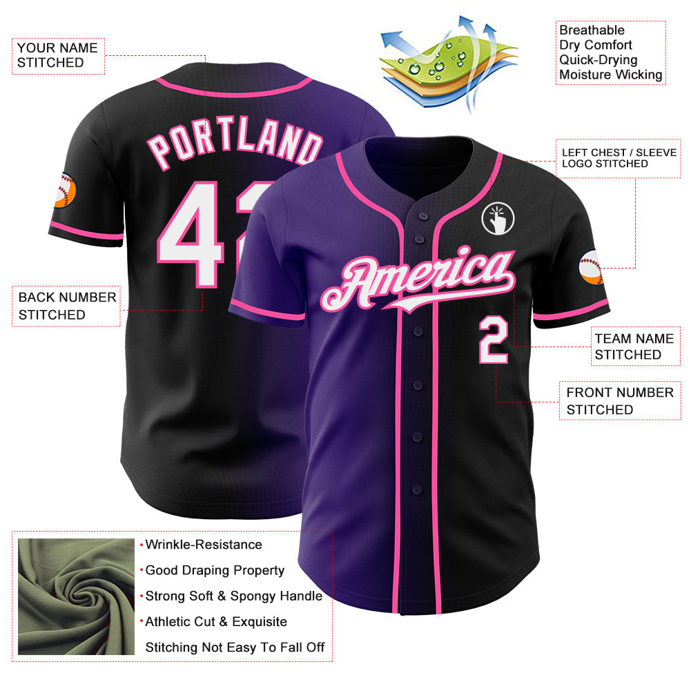 Custom Black White Purple-Pink Authentic Gradient Fashion Baseball Jersey view 3