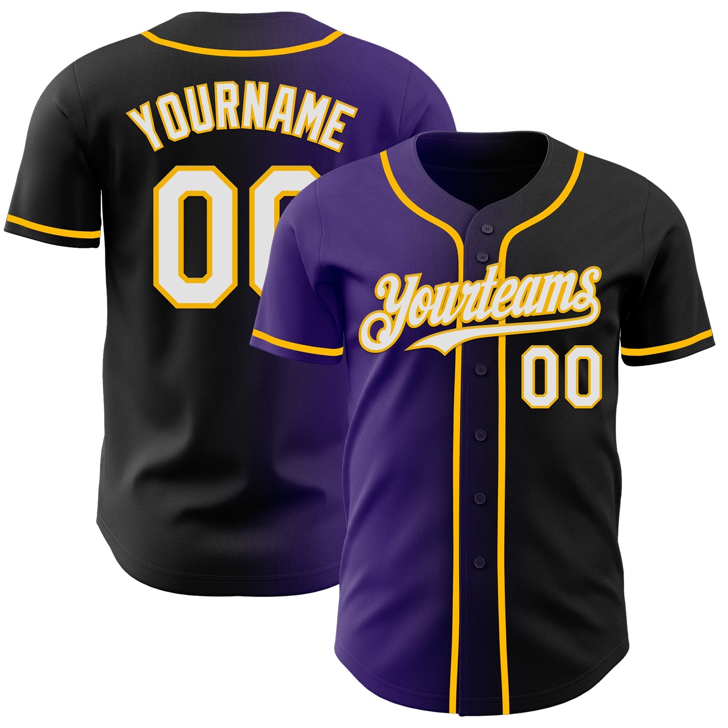 Custom Black White Purple-Gold Authentic Gradient Fashion Baseball Jersey - Main View