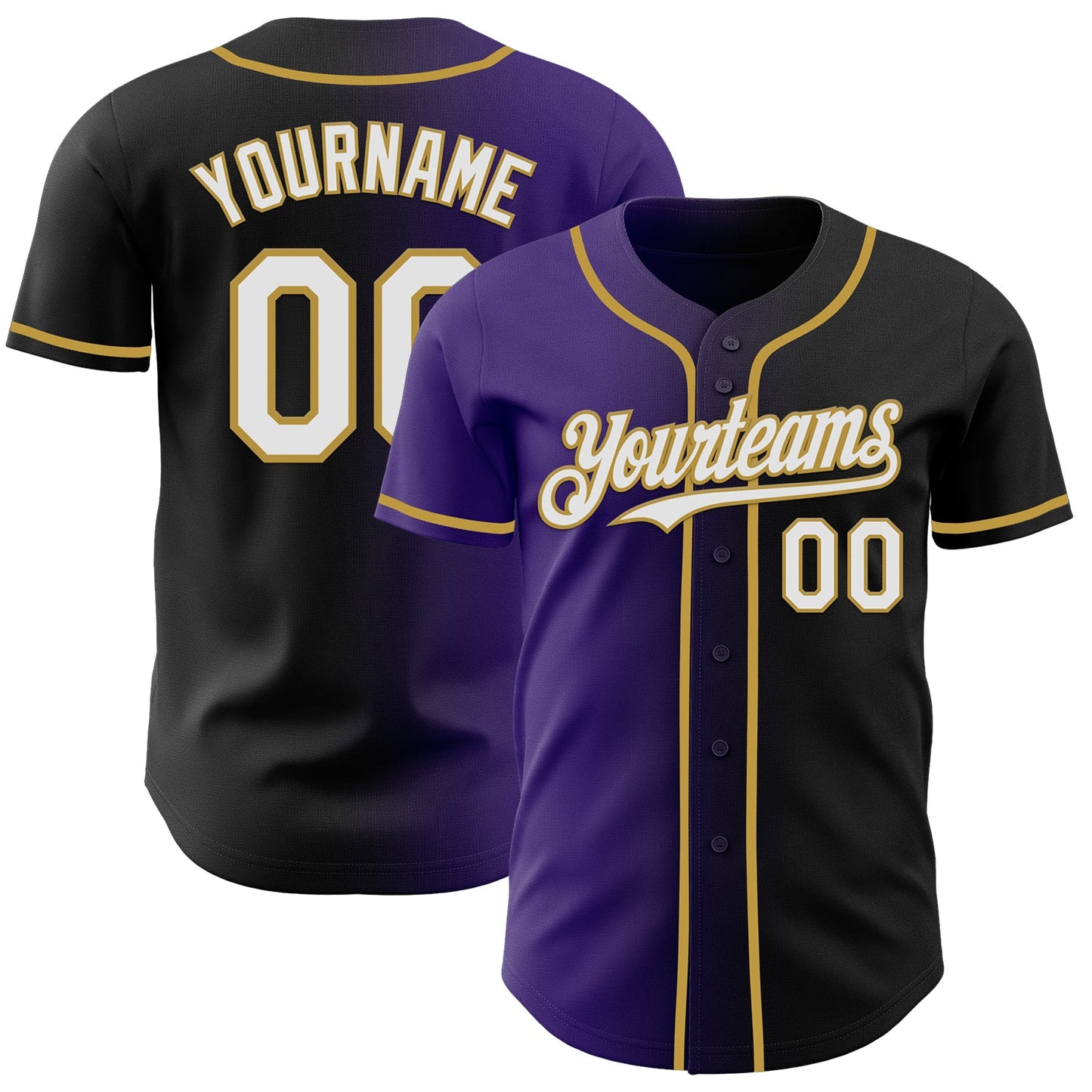 Custom Black White Purple-Old Gold Authentic Gradient Fashion Baseball Jersey - Main View