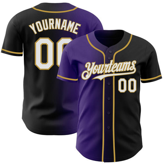 Custom Black White Purple-Old Gold Authentic Gradient Fashion Baseball Jersey - Main View