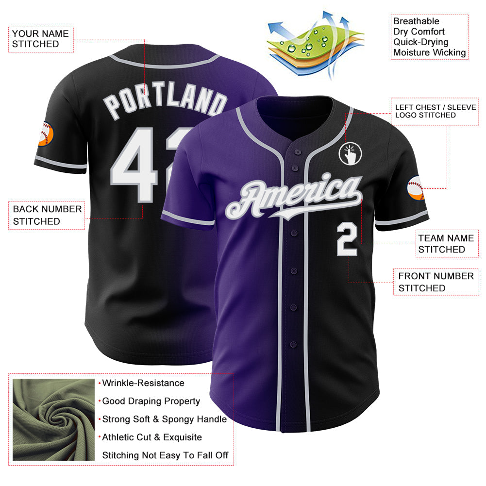 Custom Black White Purple-Gray Authentic Gradient Fashion Baseball Jersey view 3