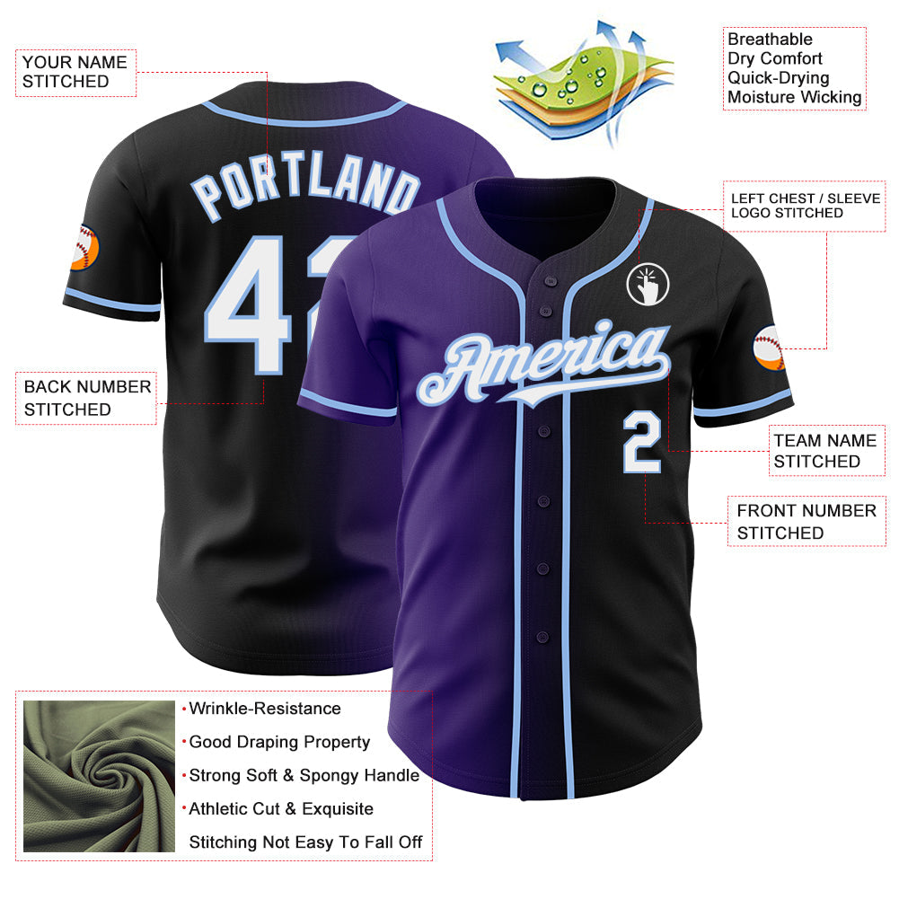 Custom Black White Purple-Light Blue Authentic Gradient Fashion Baseball Jersey view 3