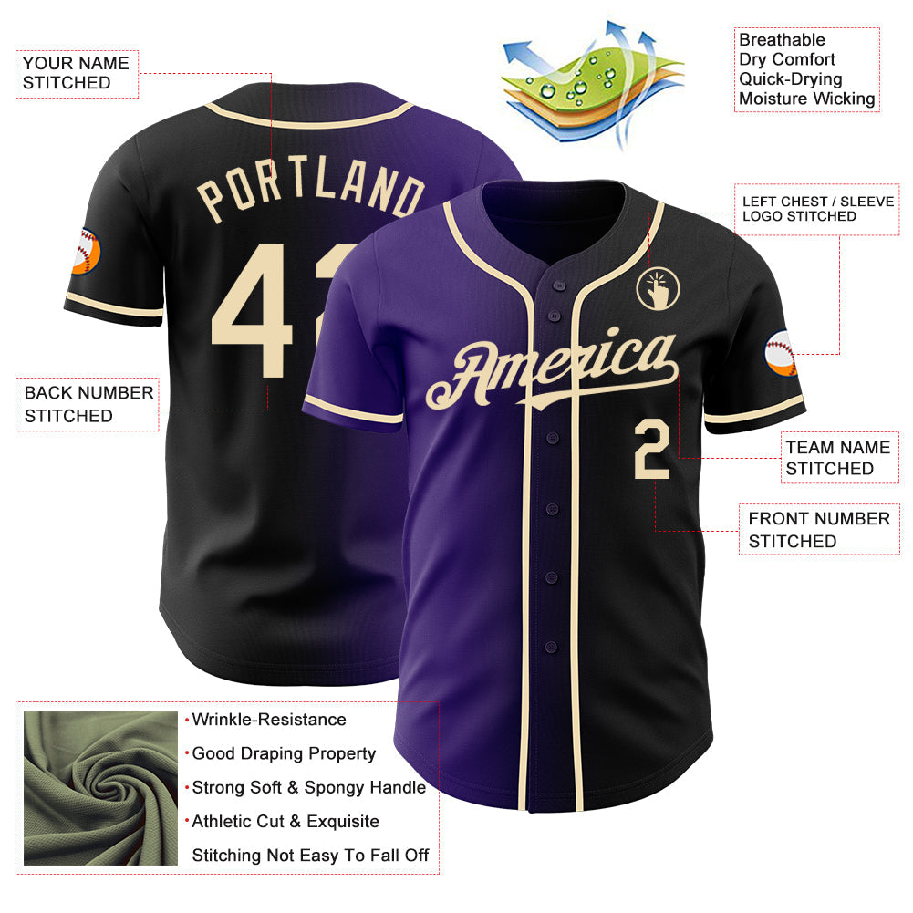 Custom Black Cream-Purple Authentic Gradient Fashion Baseball Jersey view 3