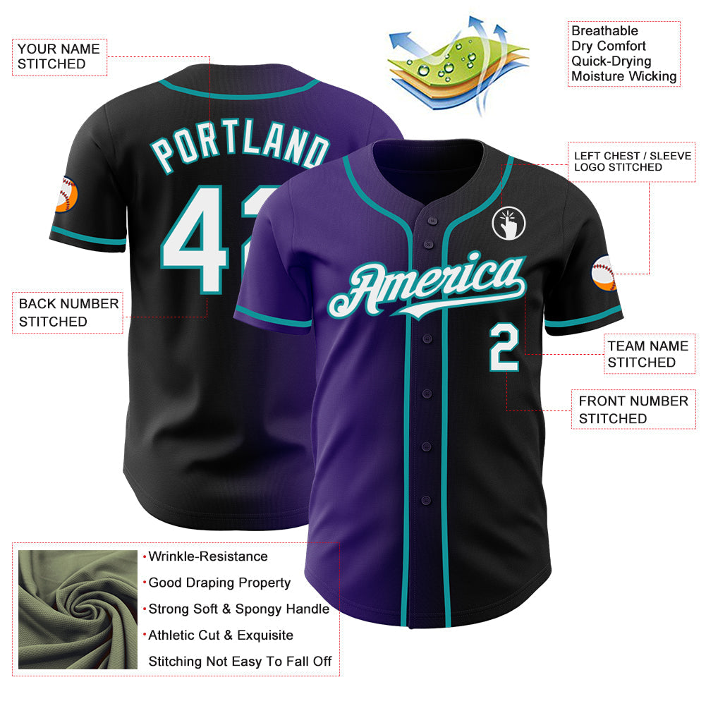 Custom Black White Purple-Teal Authentic Gradient Fashion Baseball Jersey view 3